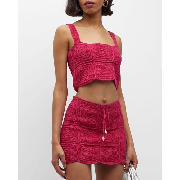 PAOLA BERNARDI Lana crochet Square-Neck Crochet Top and Mini Skirt Set Sz  M NWT - Picture 1 of 7